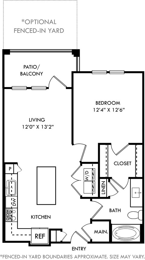 Floor plan for 1 bed, 1 bath, 751 sqft